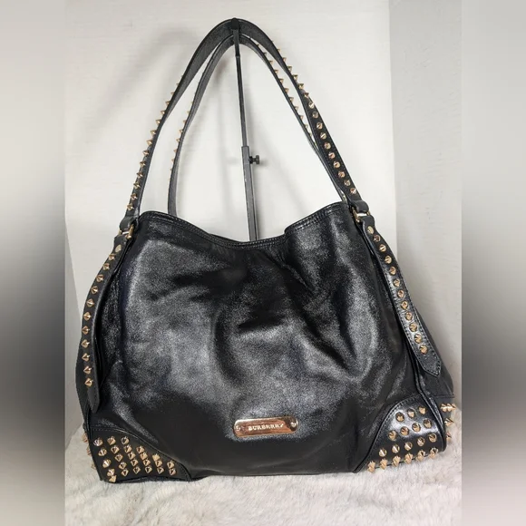 Burberry Black Leather Shoulder Bag with Gold Studs - Picture 1 of 13